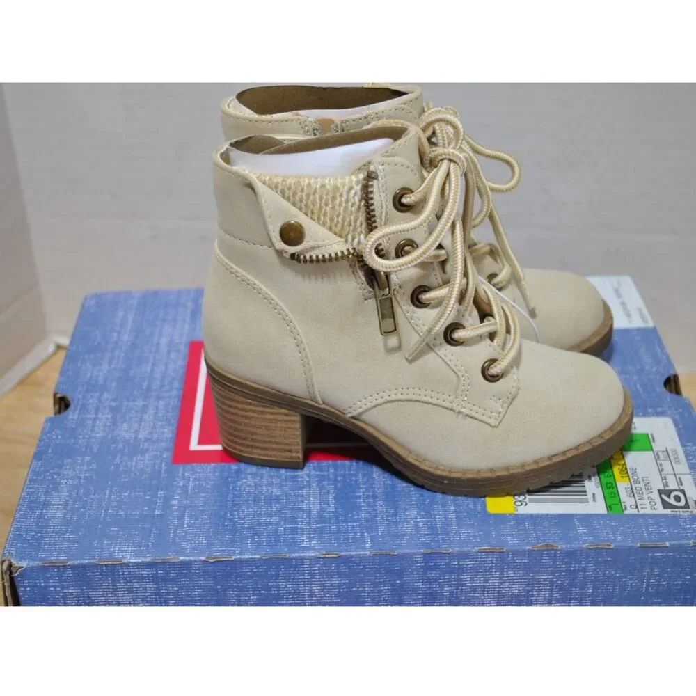 Pop Girl's Venti Block Heel Lace Up Boots Bone Color Size 11M